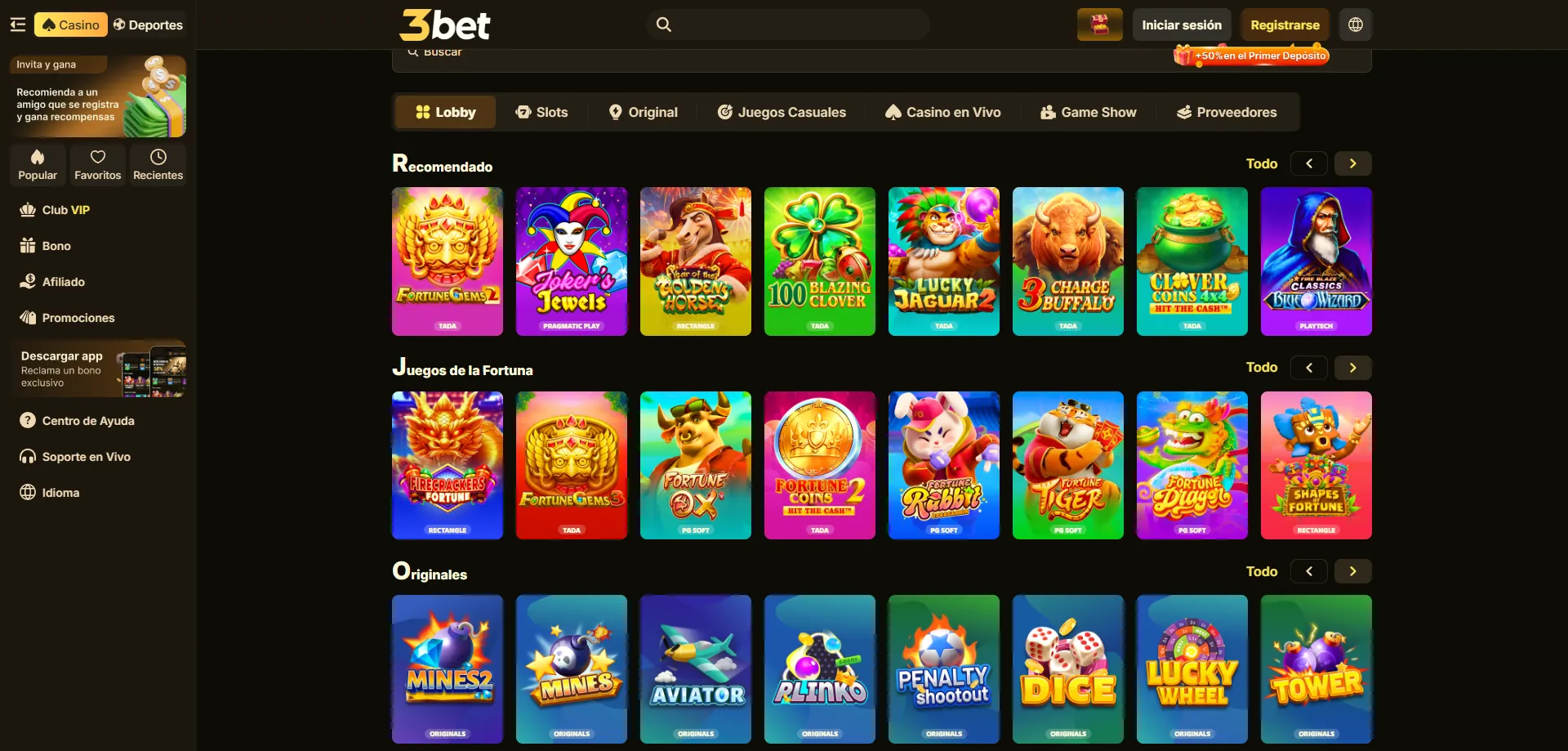 Catálogo de slots y juegos en 3bet Casino México
